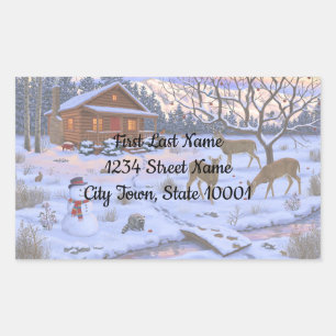 Winter Cabin Deer In Snow Christmas Scene Rectangular Sticker