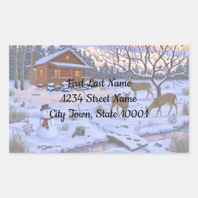 Winter Cabin Deer In Snow Christmas Scene Rectangular Sticker (Front)