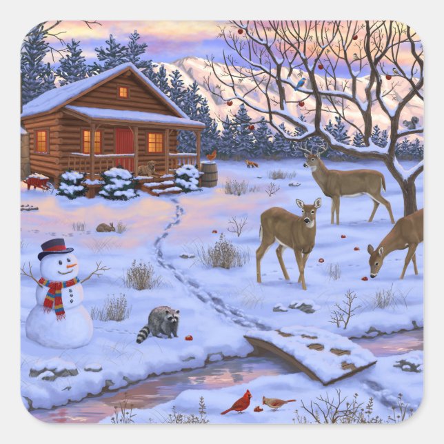 Winter Cabin Deer In Snow Christmas Scene Square Sticker (Front)