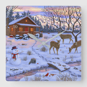 Winter Cabin Deer In Snow Christmas Scene Square Wall Clock