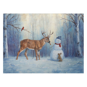 Winter Cabin Deer In Snow Christmas Scene Tablecloth