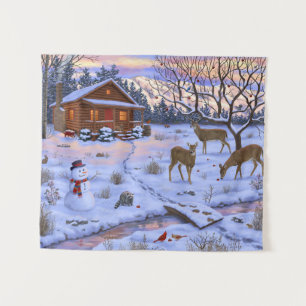 Winter Cabin Deer In Snow Christmas Scene Tapestry
