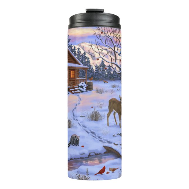 Winter Cabin Deer In Snow Christmas Scene Thermal Tumbler (Front)