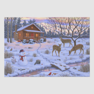 Winter Cabin Deer In Snow Christmas Scene Tissue Paper
