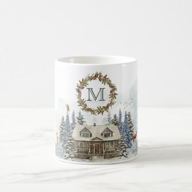 Winter Cabin Forest Animals with Monogram Coffee Mug (Center)