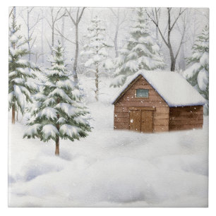 Winter Cabin in Snowy Forest Watercolor Ceramic Tile