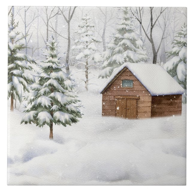 Winter Cabin in Snowy Forest Watercolor Ceramic Tile (Front)