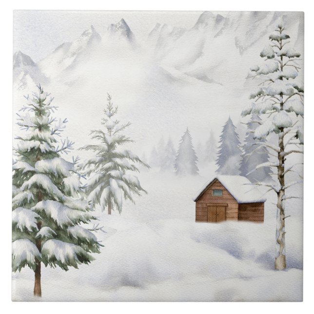 Winter Cabin in Snowy Forest Watercolor Ceramic Tile (Front)