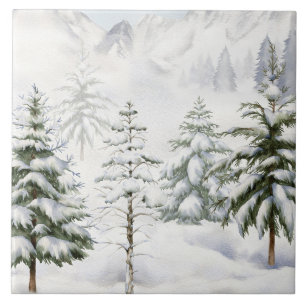 Winter Cabin in Snowy Forest Watercolor Ceramic Tile