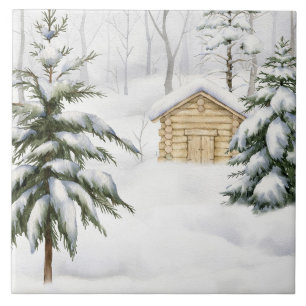 Winter Cabin in Snowy Forest Watercolor Ceramic Tile