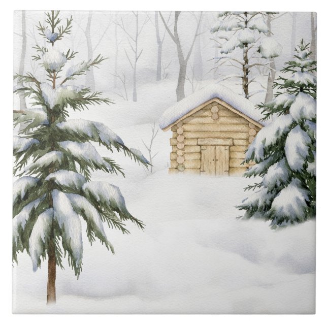 Winter Cabin in Snowy Forest Watercolor Ceramic Tile (Front)