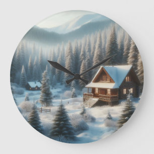 Winter Cabin in the Forest Large Clock