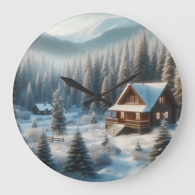 Winter Cabin in the Forest Large Clock (Front)