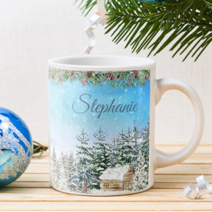 Winter Cabin In the Woods Personalised Christmas Coffee Mug