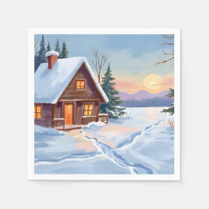 Winter Cabin Mountain Snow Watercolor Napkin