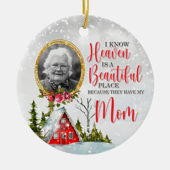 Winter Cabin Personalised Memorial Photo Ceramic Ornament (Front)
