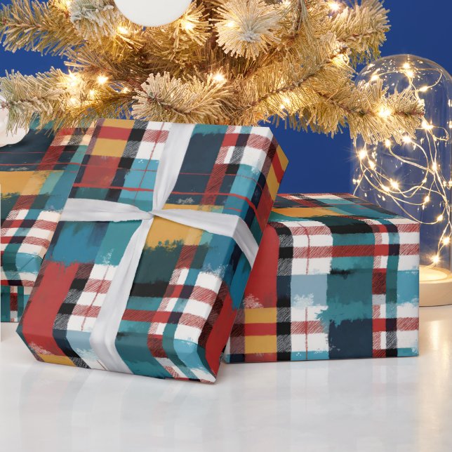Winter Cabin Plaid in Teal Yellow Red and White Wrapping Paper (Holidays)