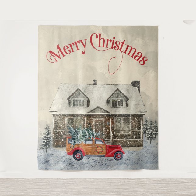 Winter Cabin Red Truck Christmas Tapestry (Front)
