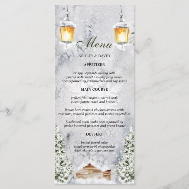 Winter Cabin Rustic Snow Scene Wedding Menu (Front)