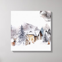 Winter Cabin Scene Canvas Print
