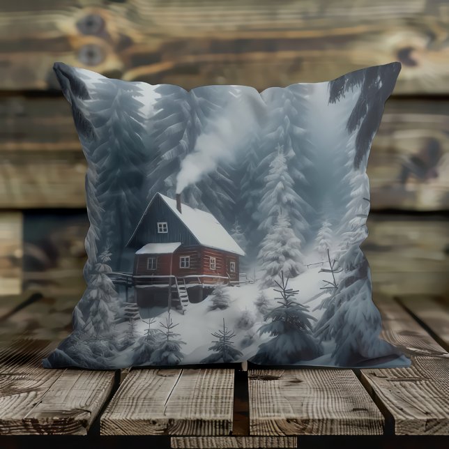 Winter Cabin Scene with Snow & Pine Trees Cushion (Creator Uploaded)