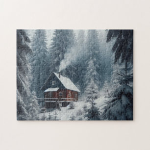 Winter Cabin Scene with Snow & Pine Trees Jigsaw Puzzle