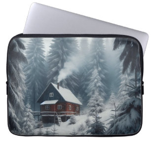 Winter Cabin Scene with Snow & Pine Trees Laptop Sleeve