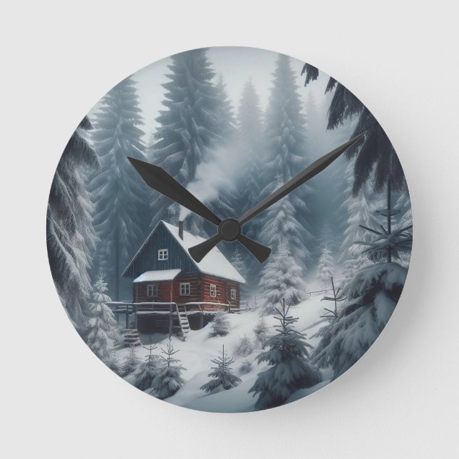 Winter Cabin Scene with Snow & Pine Trees Round Clock (Front)