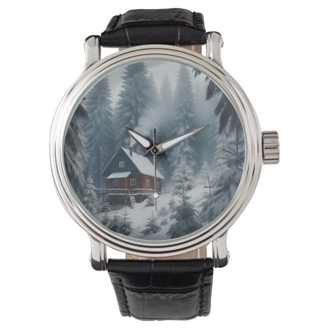 Winter Cabin Scene with Snow & Pine Trees Watch (Front)