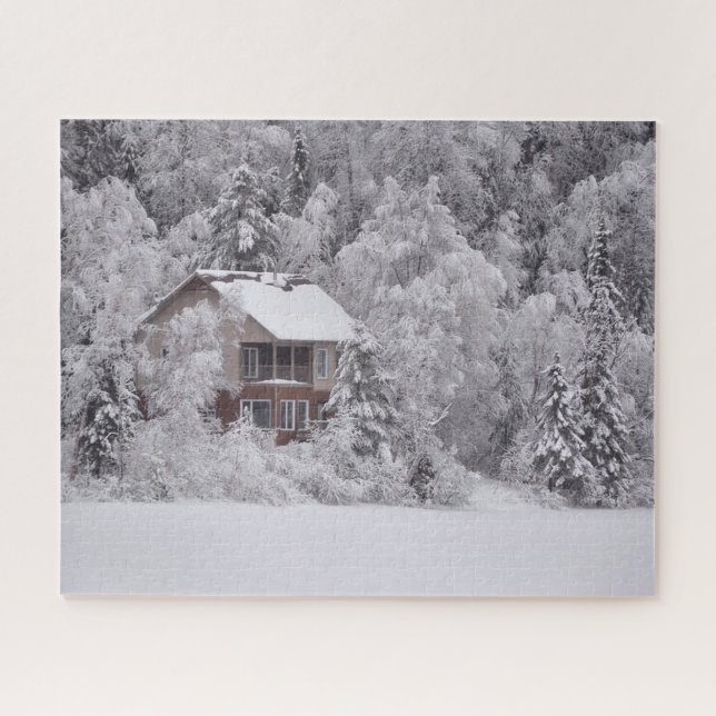 Winter Cabin Snow Covered Trees Photo Puzzle (Horizontal)