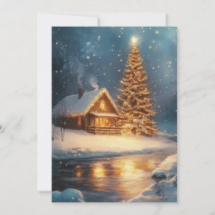 Winter Cabin with Christmas Tree Holiday Scene Thank You Card
