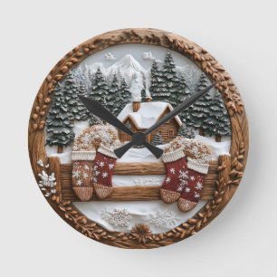 Winter cabin with mittens round clock