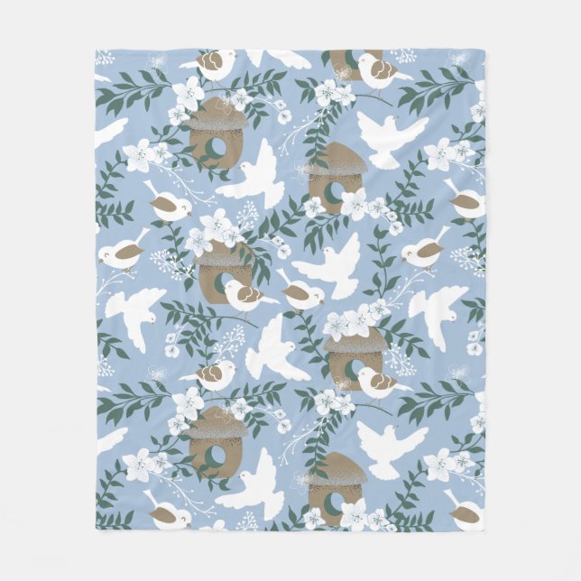 winter calm cosy blanket in light blue ,with birds (Front)