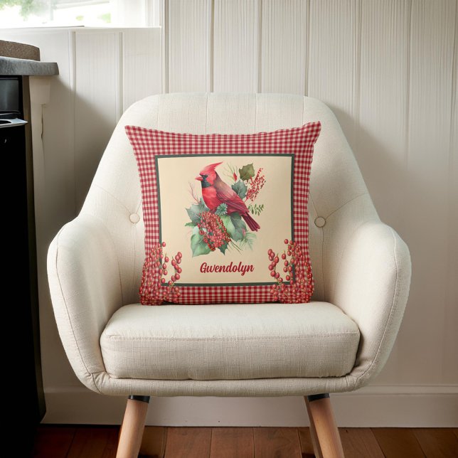 Winter Cardinal and Berries with Gingham Monogram Cushion (Creator Uploaded)