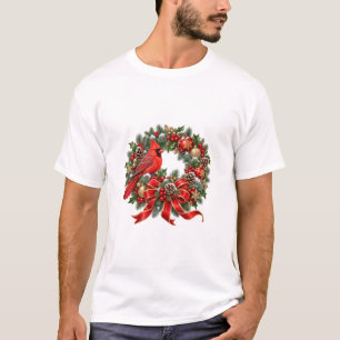 Winter Cardinal Evergreen Christmas Wreath T-Shirt