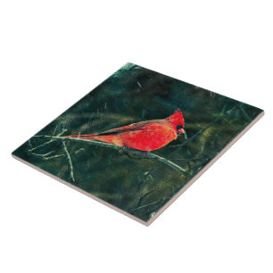 Winter Cardinal in Snowstorm - Enhanced Ceramic Tile