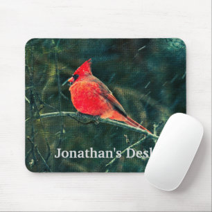 Winter Cardinal in Snowstorm - Enhanced Mouse Pad