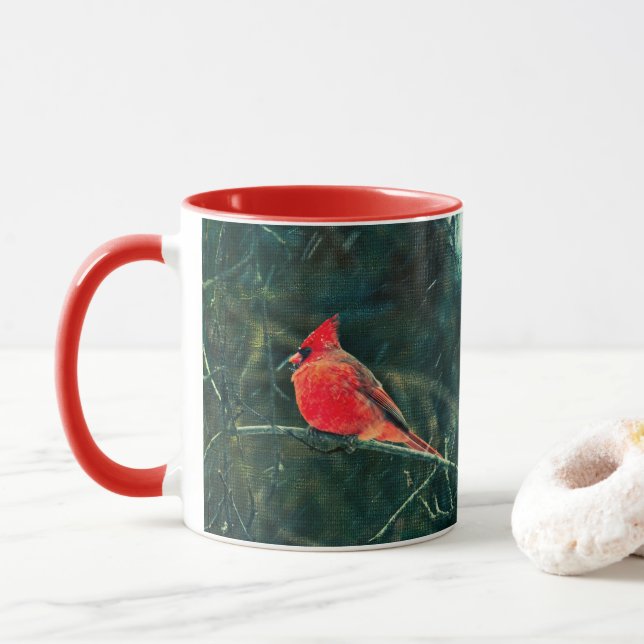 Winter Cardinal in Snowstorm - Enhanced Mug (With Donut)