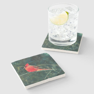 Winter Cardinal in Snowstorm - Enhanced Stone Coaster