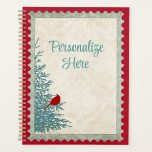Winter cardinal in tree vintage damask red gold  planner