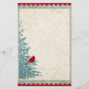 Winter cardinal in tree vintage damask red gold stationery