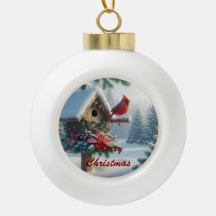 Winter Cardinal on a Festive Birdhouse Ceramic Ball Christmas Ornament