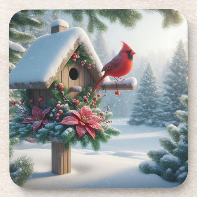 Winter Cardinal on a Festive Birdhouse Coaster (Front)