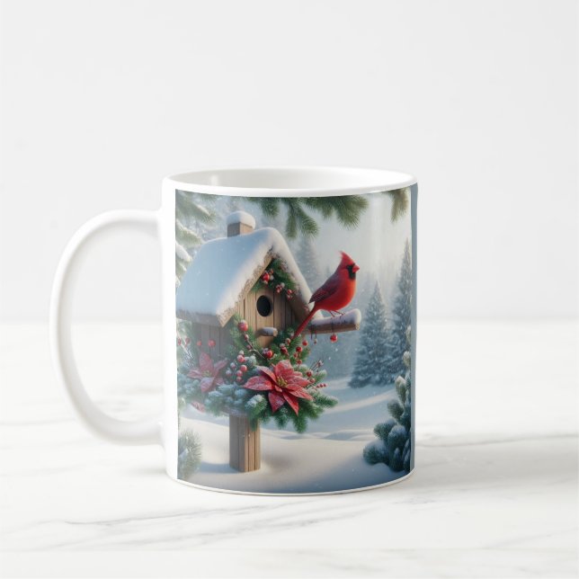 Winter Cardinal on a Festive Birdhouse Coffee Mug (Left)