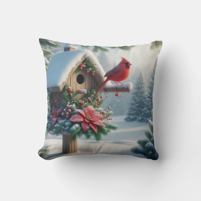 Winter Cardinal on a Festive Birdhouse Cushion (Front)