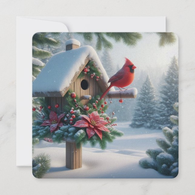 Winter Cardinal on a Festive Birdhouse Holiday Card (Front)