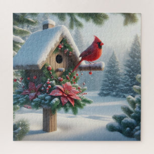 Winter Cardinal on a Festive Birdhouse Jigsaw Puzzle
