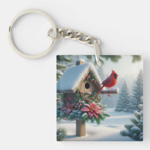 Winter Cardinal on a Festive Birdhouse Key Ring
