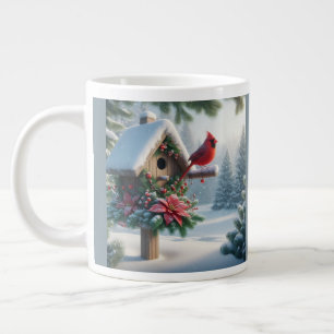 Winter Cardinal on a Festive Birdhouse Large Coffee Mug