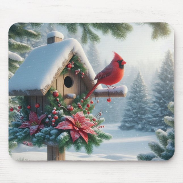 Winter Cardinal on a Festive Birdhouse Mouse Pad (Front)